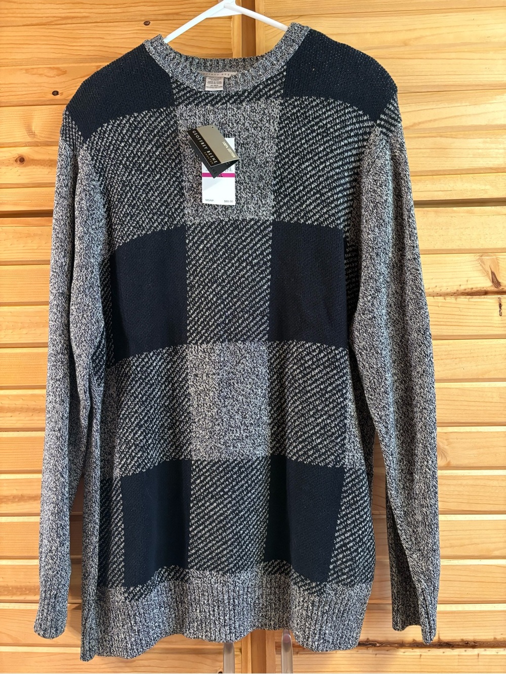 Geoffrey Beene Black and Gray Marled Buffalo Plaid Cotton Crewneck Sweater, XXL